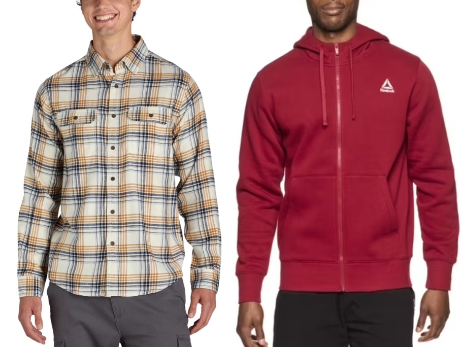 man wearing a flannel long sleeve shirt and grey pants next to a man wearing a red zip up Reebok hoodie and black pants