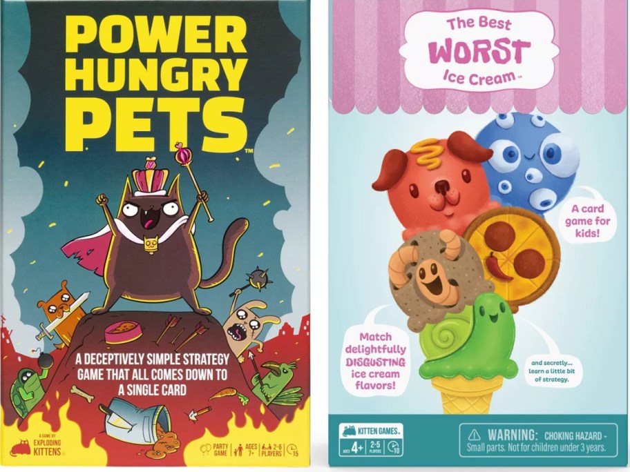 Exploding Kittens Power Hungry Pets card game and The Best Worst Ice Cream Card Game boxes