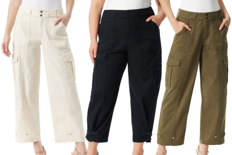 3 models in cargo pants in cream, black and olive