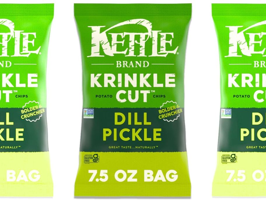 Kettle Brand Krinkle Cut Dill Pickle Potato Chips Bag 7.5oz stock image