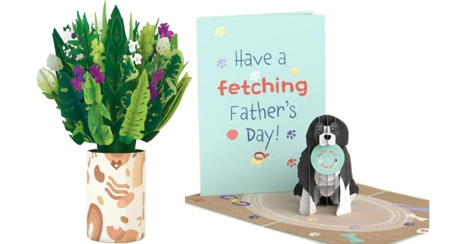 A 3-d popup card of a flower bouquet and a dog with a frisbee