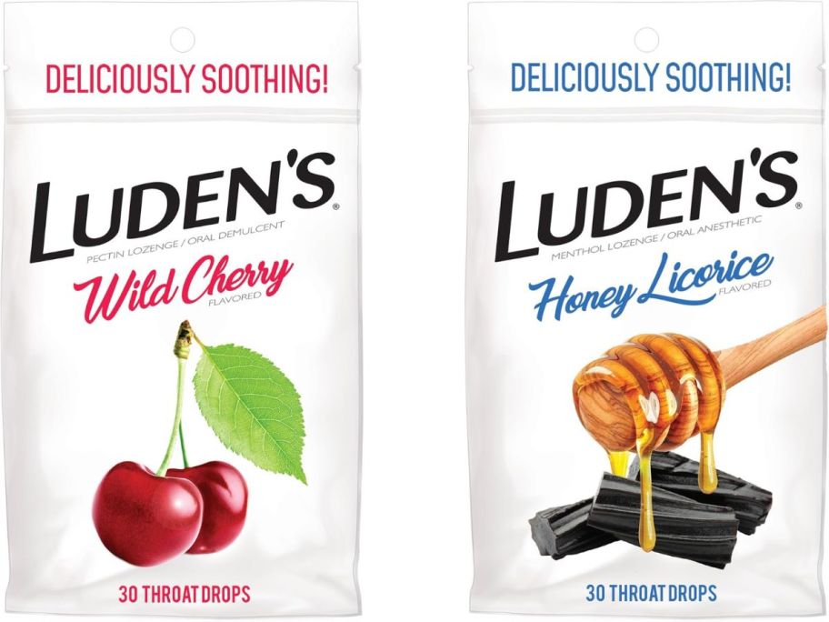 Stock images of bags of Luden's Wild Cherry and Honey Licorice Cough Drops