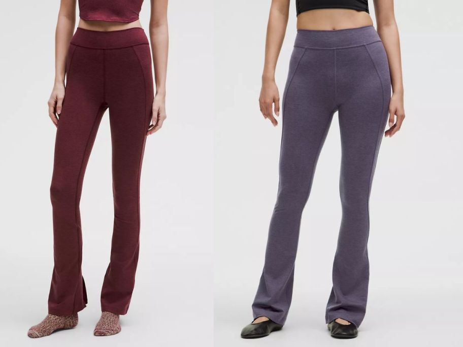 woman wearing red leggings and woman waring purple leggings