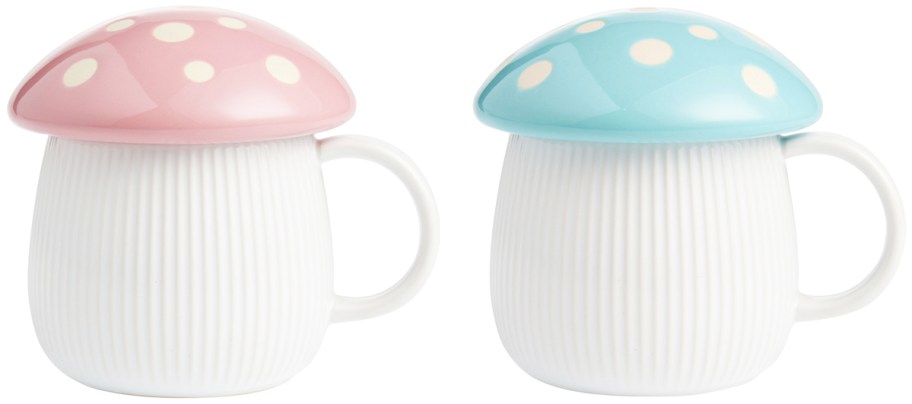 pink and blue mushroom top lidded coffee mugs