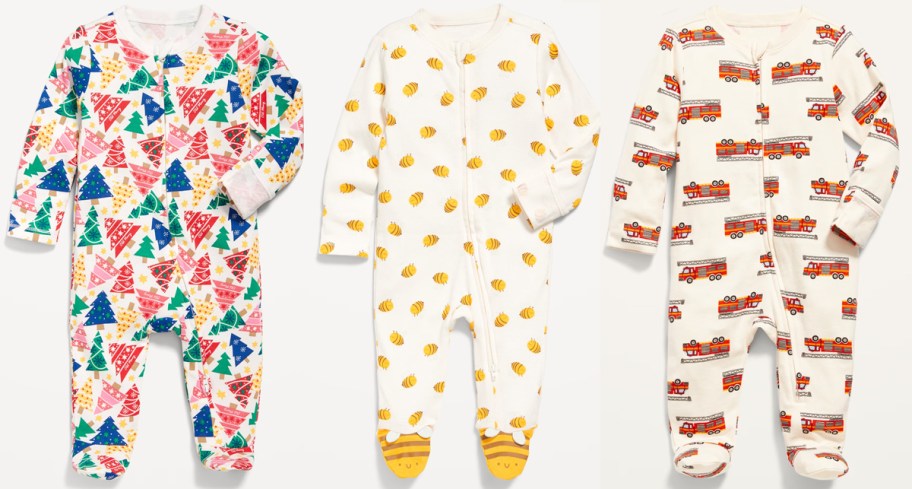 three pairs of printed sleep & play baby pajamas