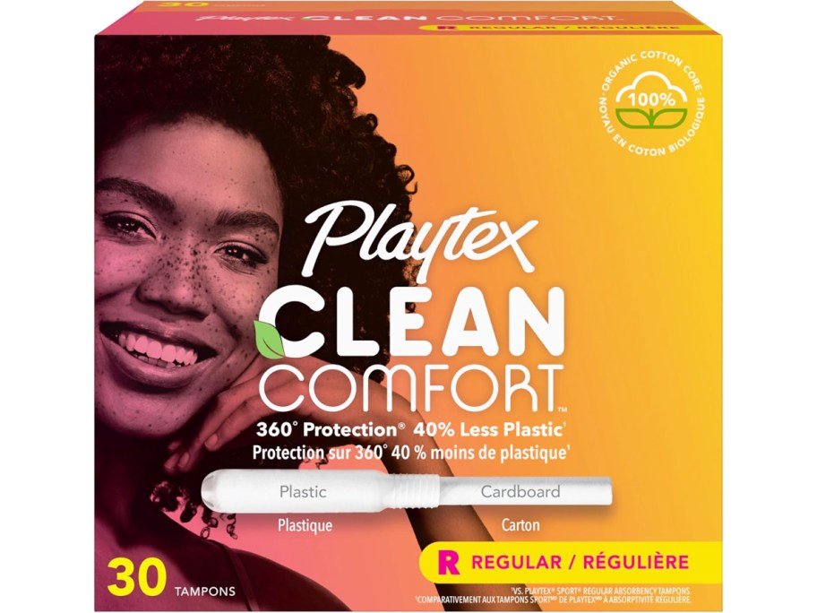 stock image of Playtex Clean Comfort Organic Tampons Regular Absorbency 30-Count box