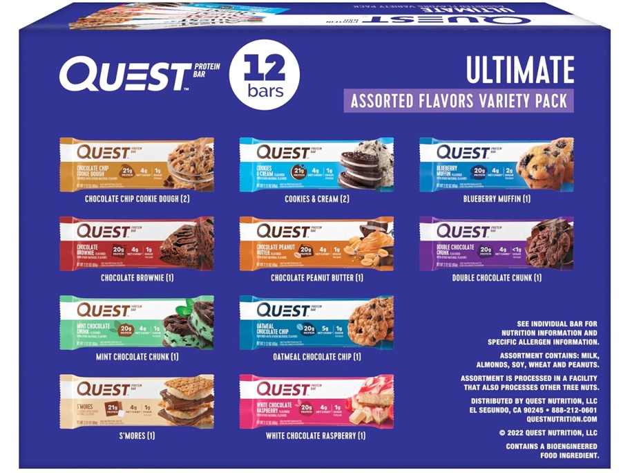 large blue variety pack box of Quest Protein Bars