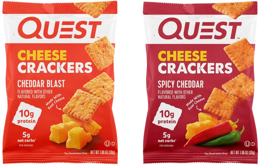 two orange bags of Quest Cheddar Cheese Crackers