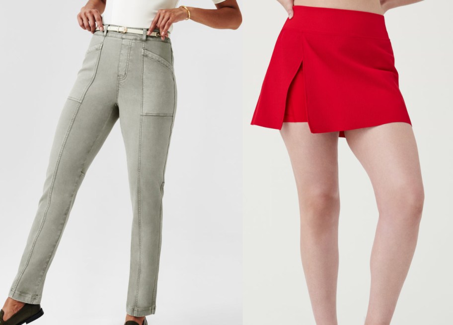 Spanx olive pants and red skorts