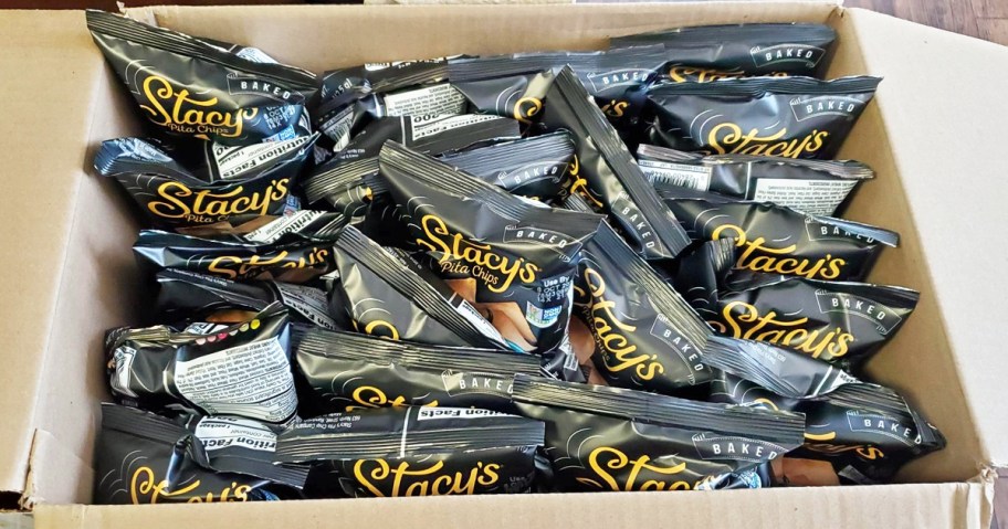 multiple black bags of Stacy's Pita Chips in cardboard box