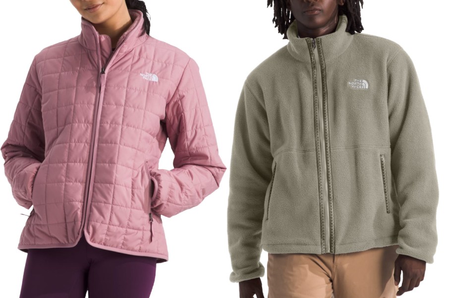 The North Face women pink and men gray jackets