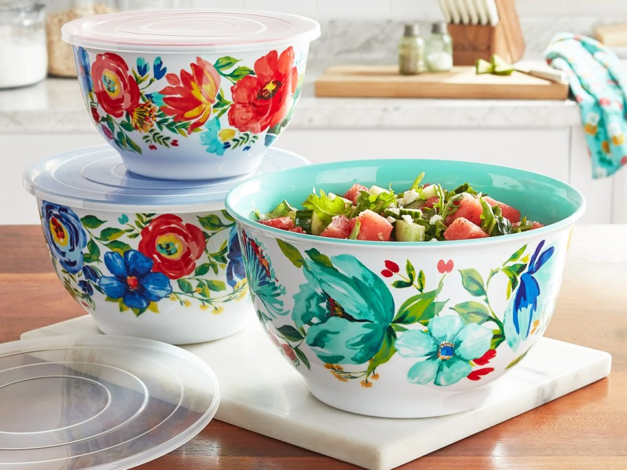 floral print mixing bowls on kitchen counter