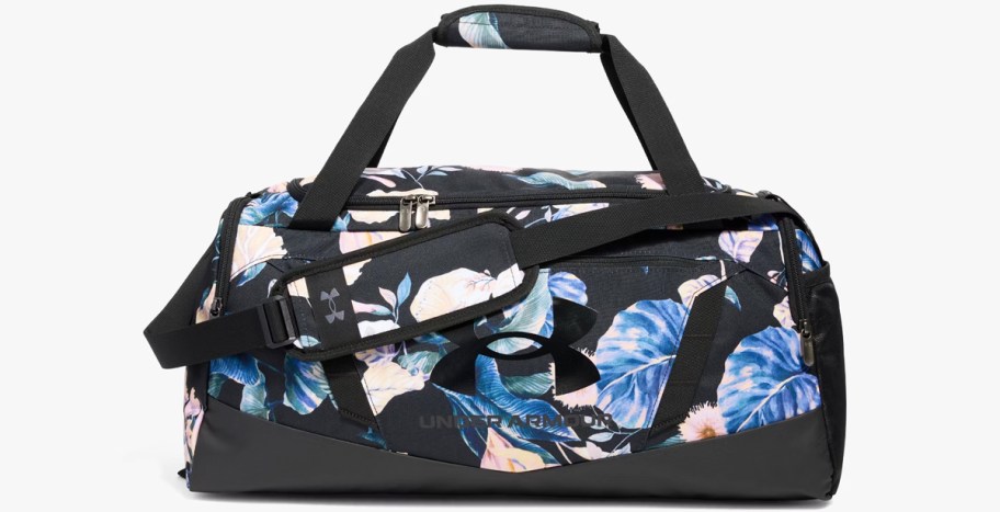 black and blue floral print under armour duffle bag