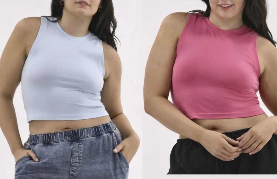 Stock images of two women wearing No Boundaries Women's Plus Seamless Tank Tops