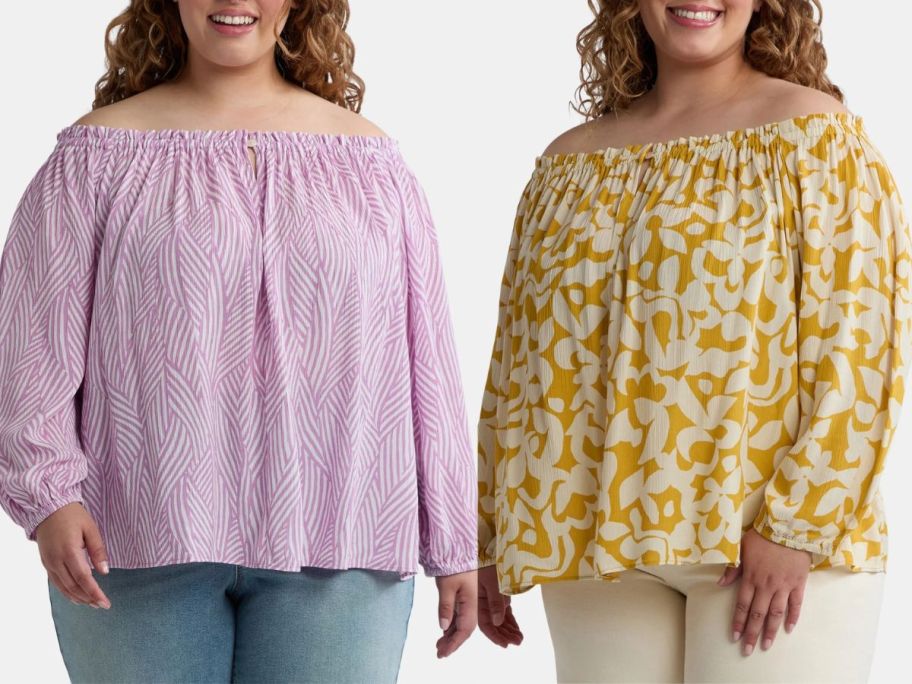 Stock images of two women wearing Terra & Sky Women's Plus Size Off The Shoulder Blouses