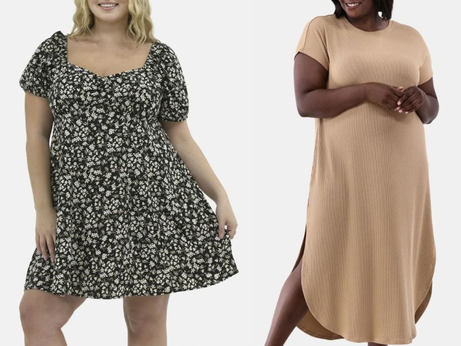 Stock images of two women wearing No Boundaries and Time and Tru plus size dresses