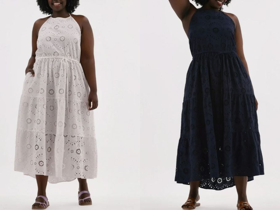 Stock images of two women wearing Time and Tru Women's Plus Eyelet Halter Dresses