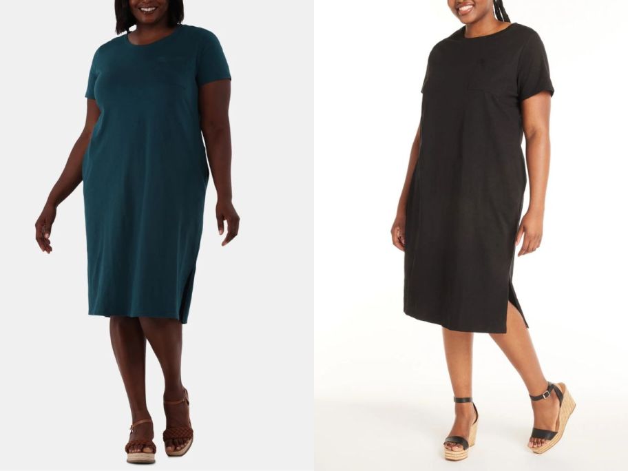 Stock images of two women wearing Terra & Sky Women's Plus Size Cotton Crewneck T-Shirt Dresses