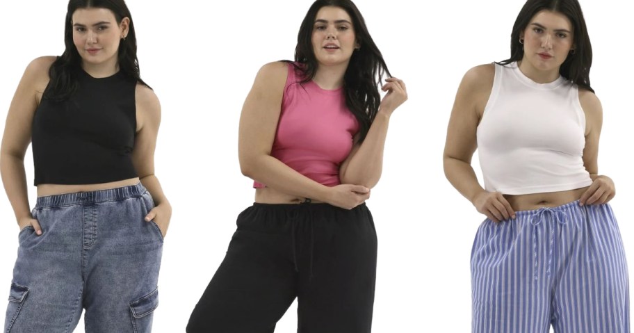 Stock images of the same woman wearing 3 different color plus size time and tru tank tops in black, pink and white