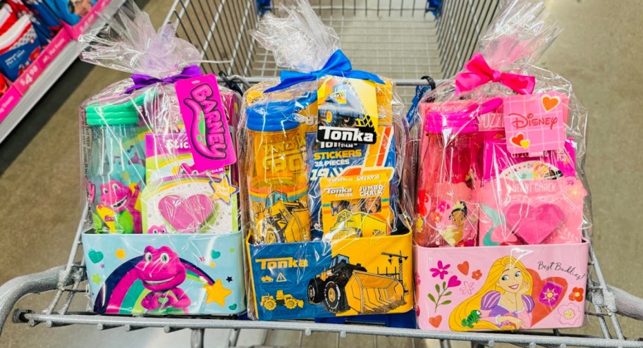 Walmart kids valentines day set displayed inside of shopping cart