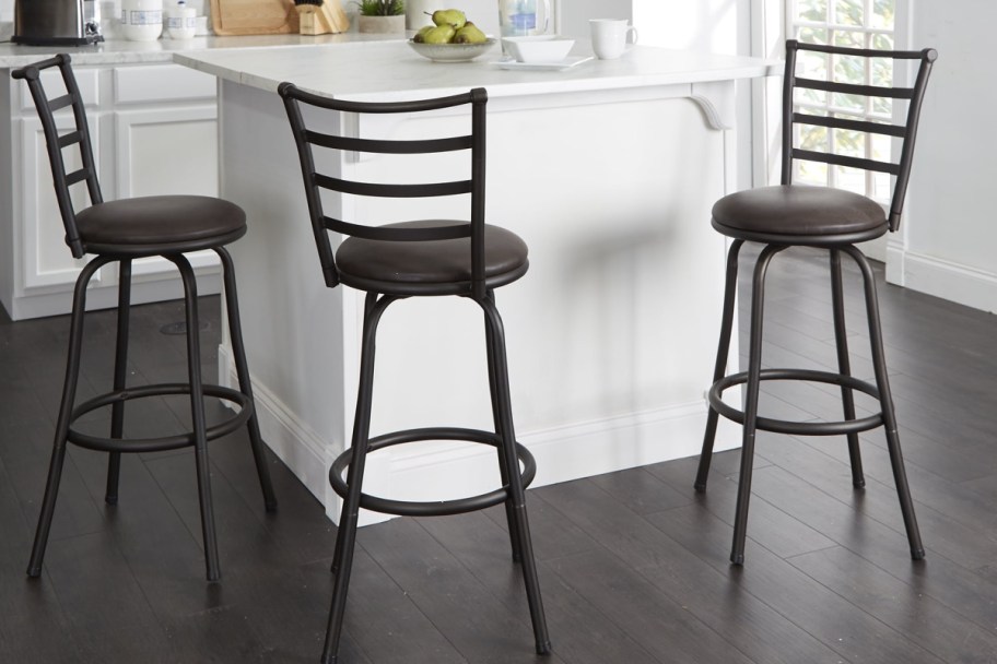 three walmart bar stools in espresso all in a white kitchen 