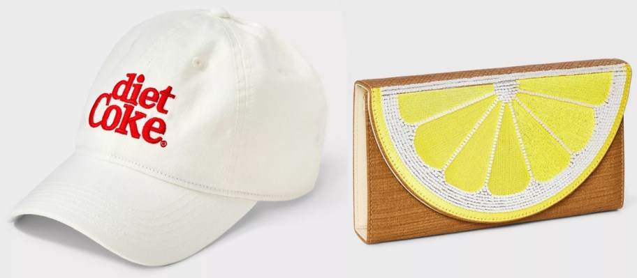 Women's Coca-Cola Diet Coke Cotton Baseball Hat and A New Day Textured Lemon Travel Folio with Mirror