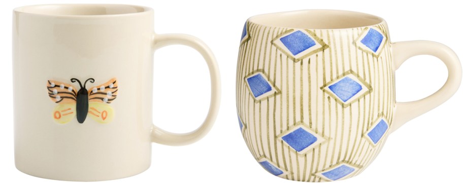 butterfly and blue diamond print coffee mugs
