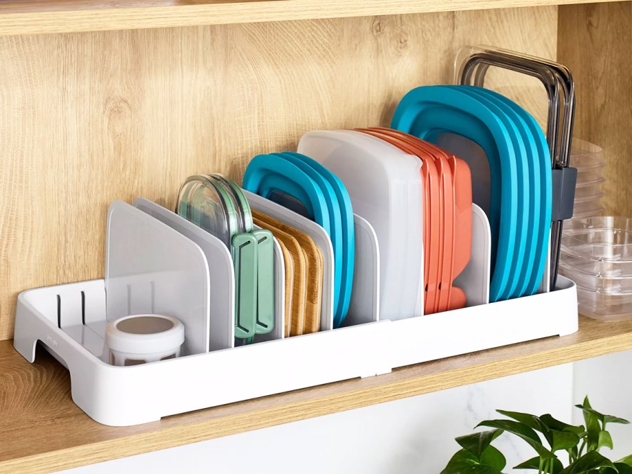 various food storage container lids in organizer