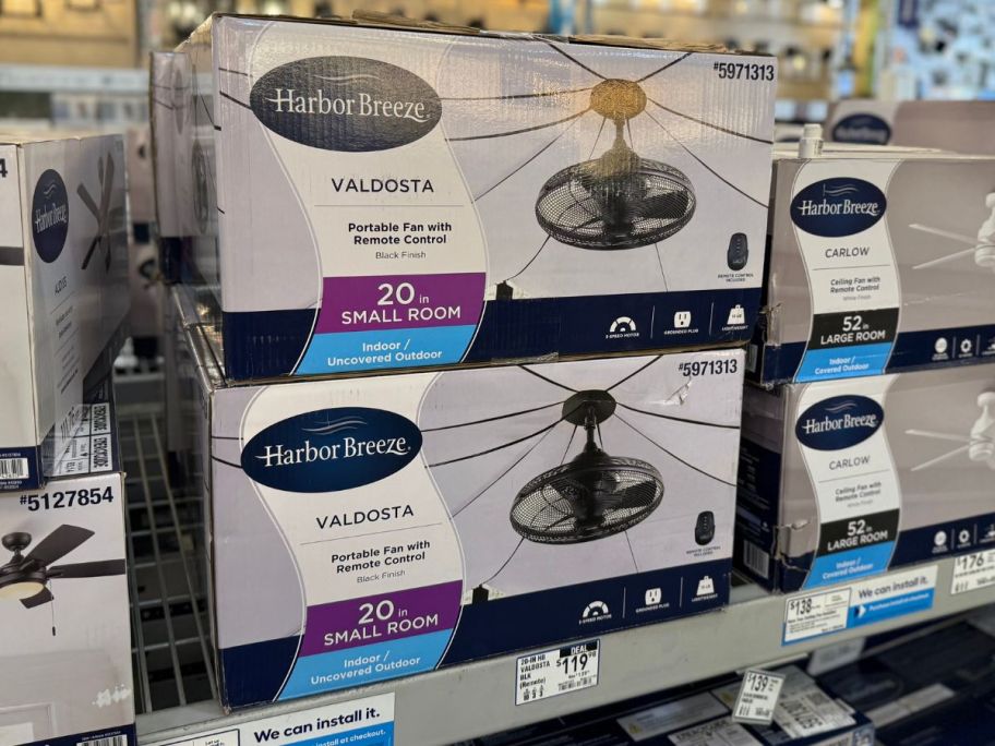 Harbor Breeze Valdosta 20" Ceiling Fan boxes stacked in store