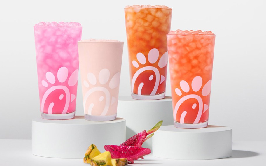 two dragon fruit pineapple iced teas, pink dragonfruit lemonade, and frosted lemonade