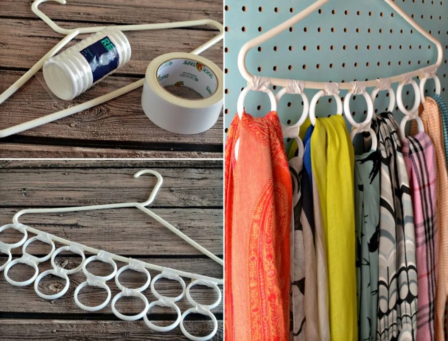 steps showing how to diy scarf organizer with duct tape