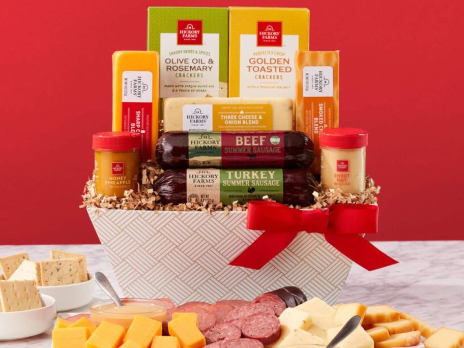 Hickory Farms meat and cheese and crackers gift box