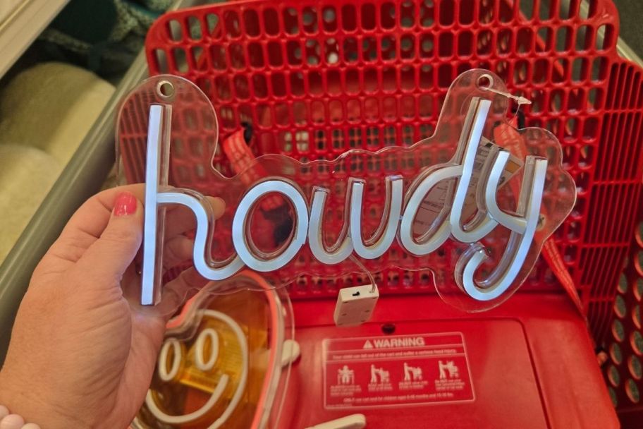 a womans hand holding an acrylic faux neon light design that spells out the word Howdy 