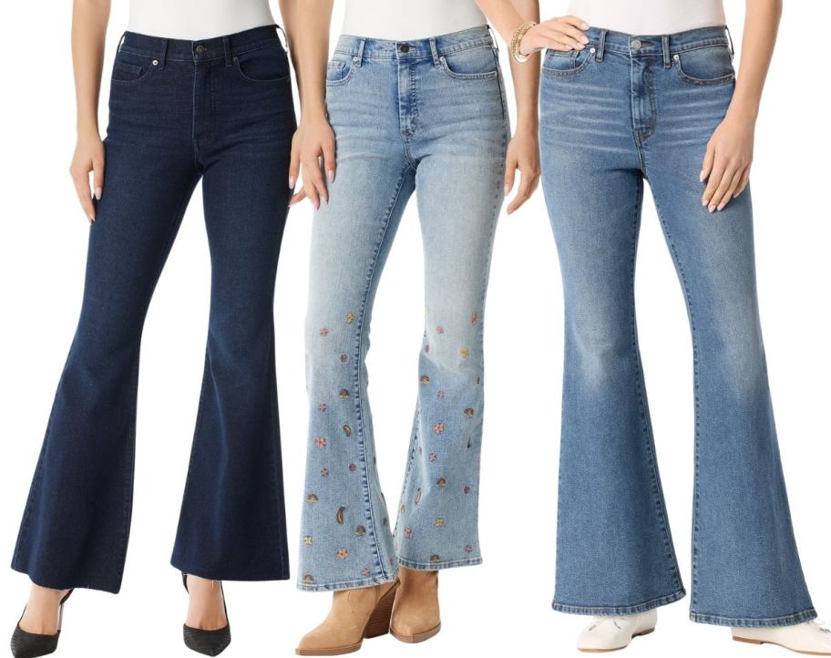 three models in flare jeans in different washes