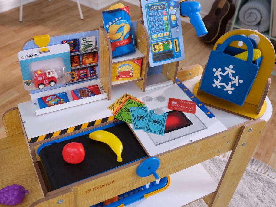 KidKraft Wooden Grocery Store Self-Checkout Center Playset with accessories