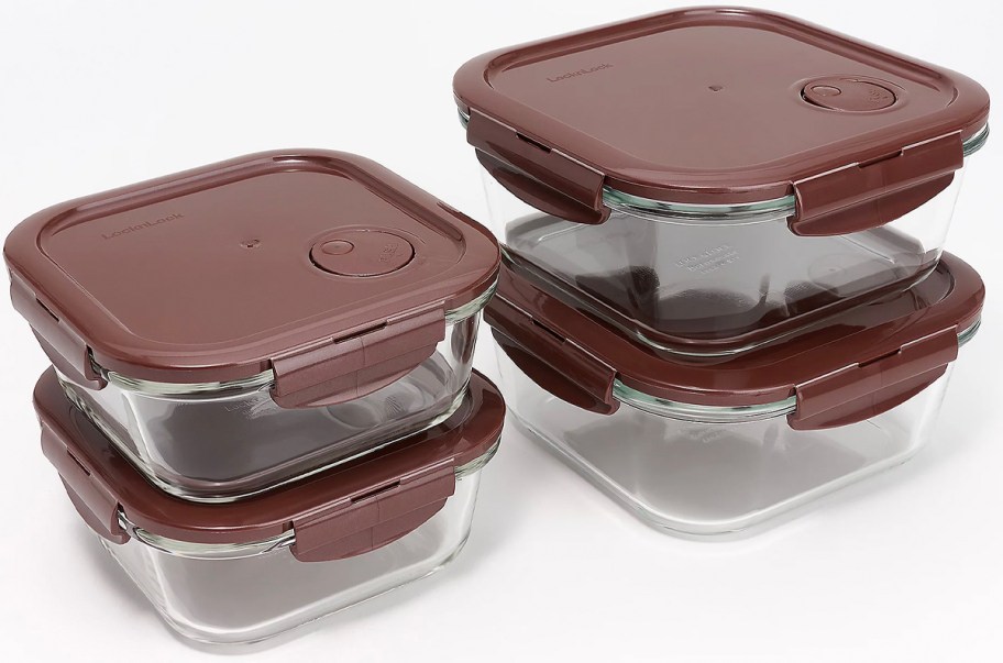 4 square glass containers with brown lids 