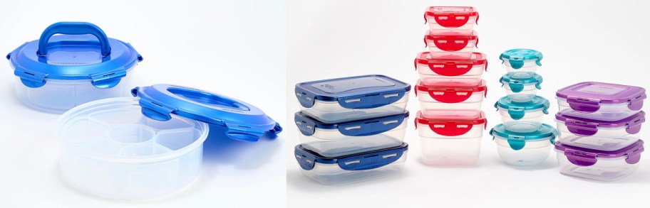 variety of glass locknlock storage sets with multicolored lids 