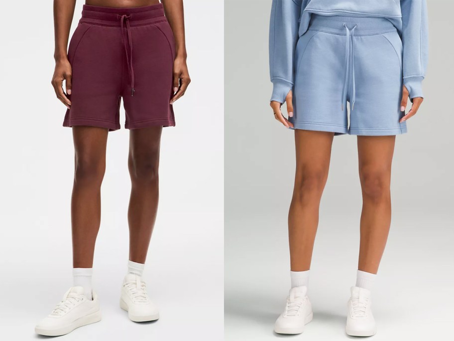 two women in maroon and blue shorts