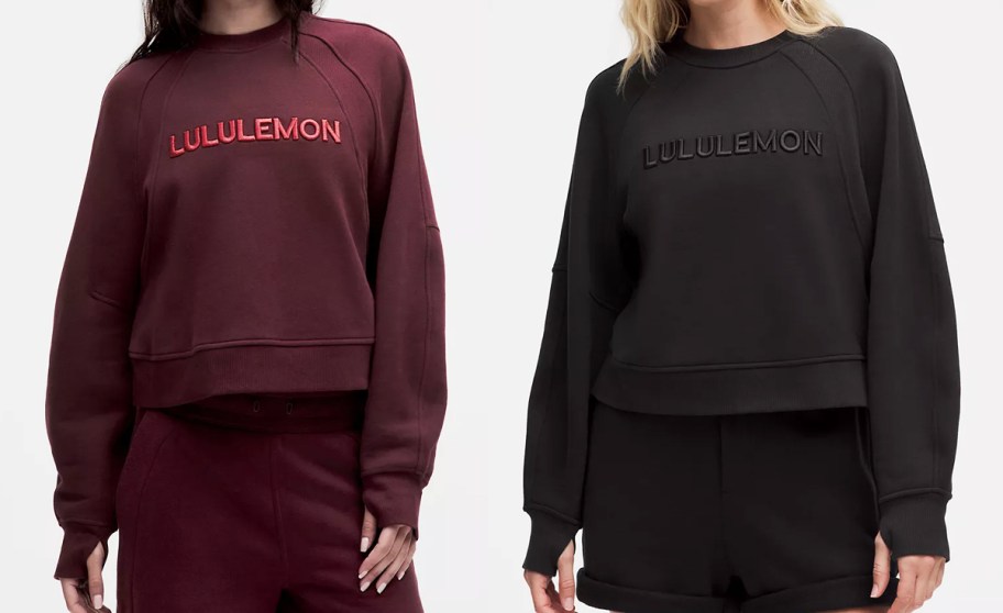 two women in maroon and black lululemon sweatshirts