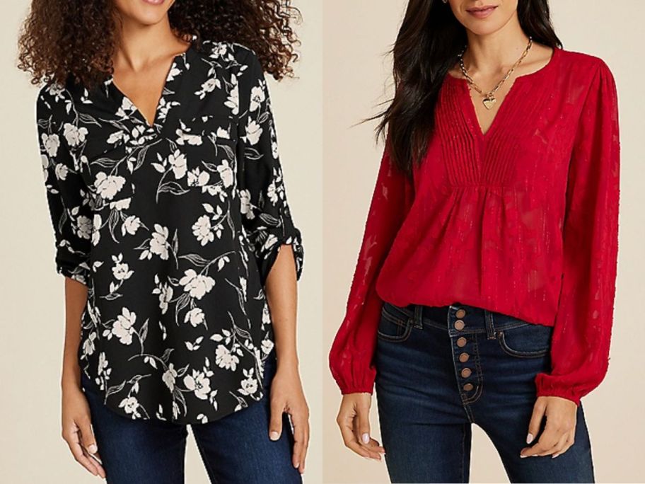 2 women wearing maurice's Floral Shirt and Red Peasant Tunic
