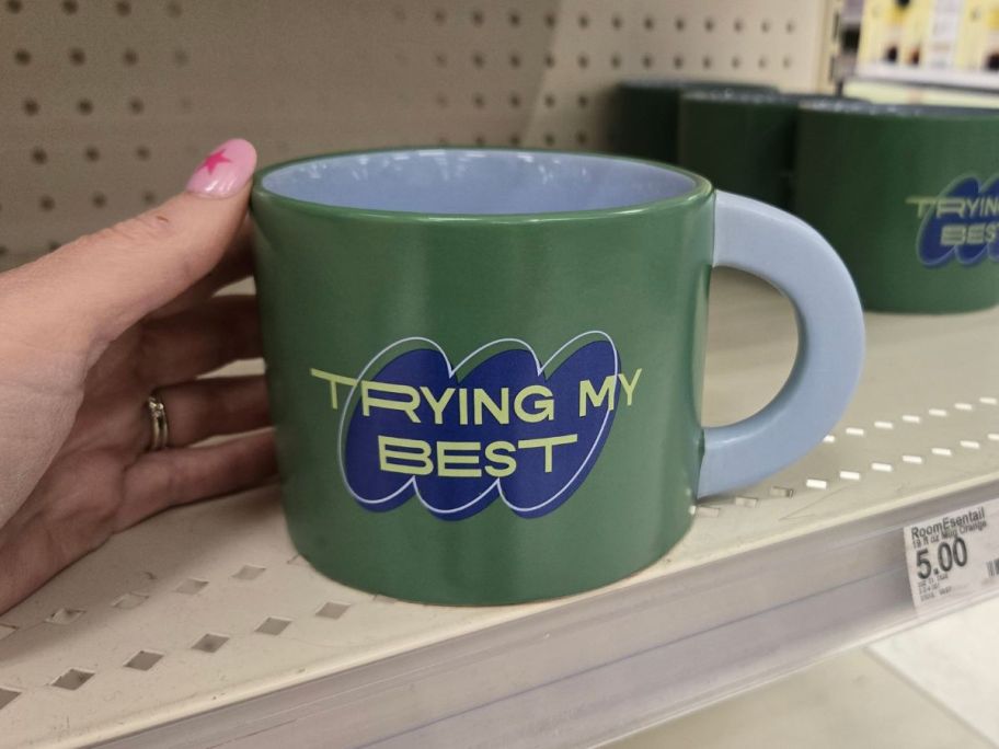 Room Essentials 19oz Stoneware Mug with "trying my best" on it in hand in store