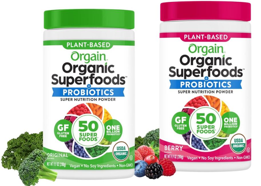 orgain probiotic greens powders in original and berry flavor stock images