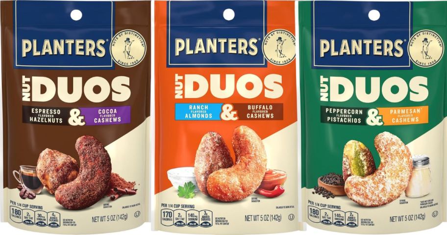 Planters Nut Duos 5oz - Cocoa Cashews & Espresso Hazelnuts, Ranch Almonds & Buffalo Cashews, and Peppercorn Pistachios & Parmesan Cashews packages