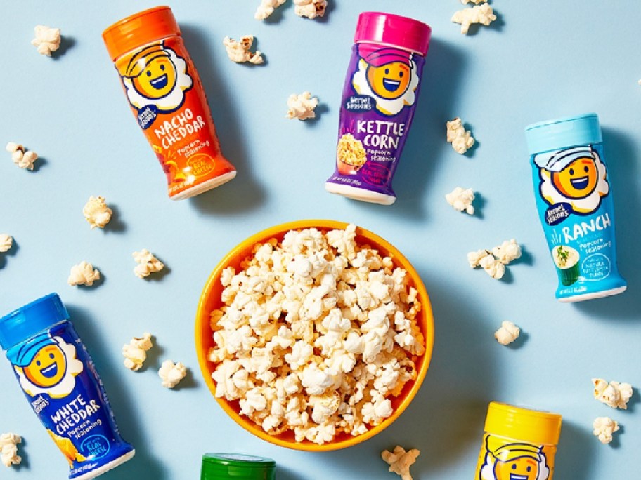 popcorn flavors displayed on top of the table