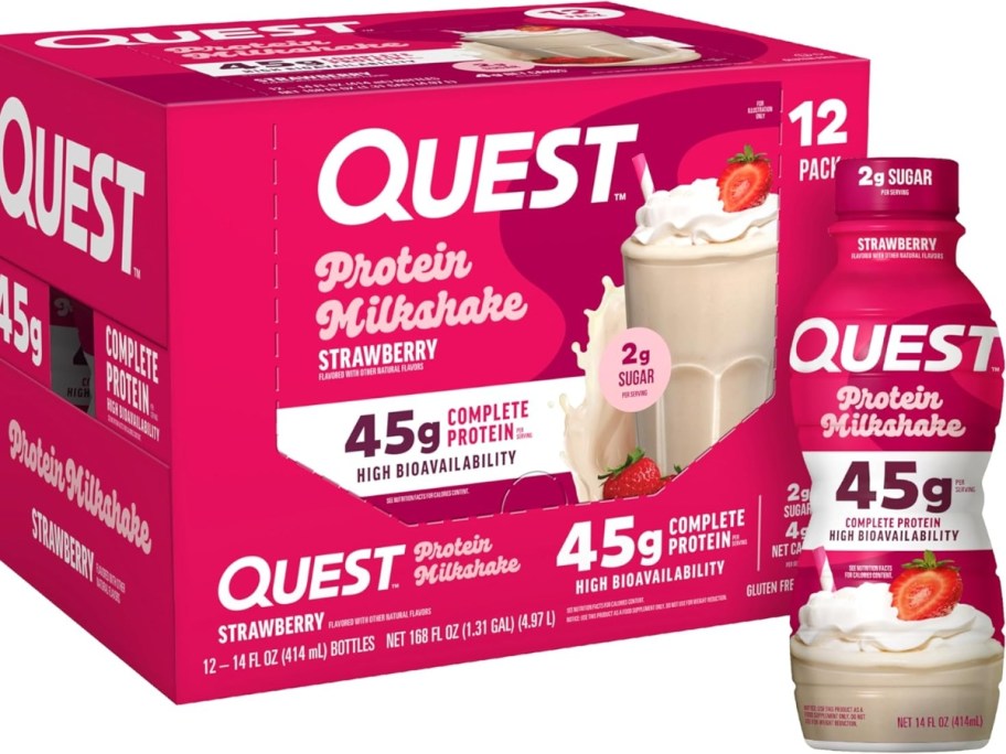 a 12 pack box of Quest protein shakes with a single bottle in front