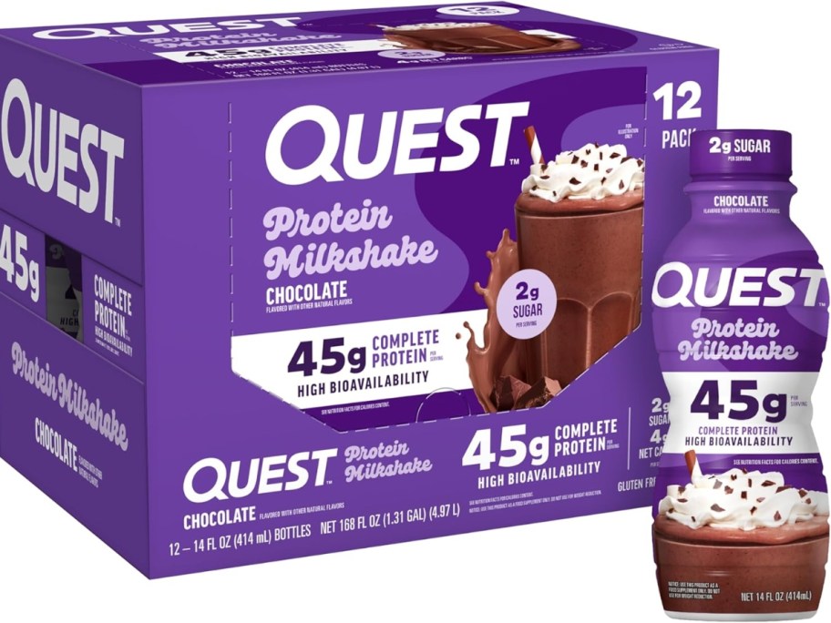 a 12 pack box of Quest protein shakes with a single bottle in front
