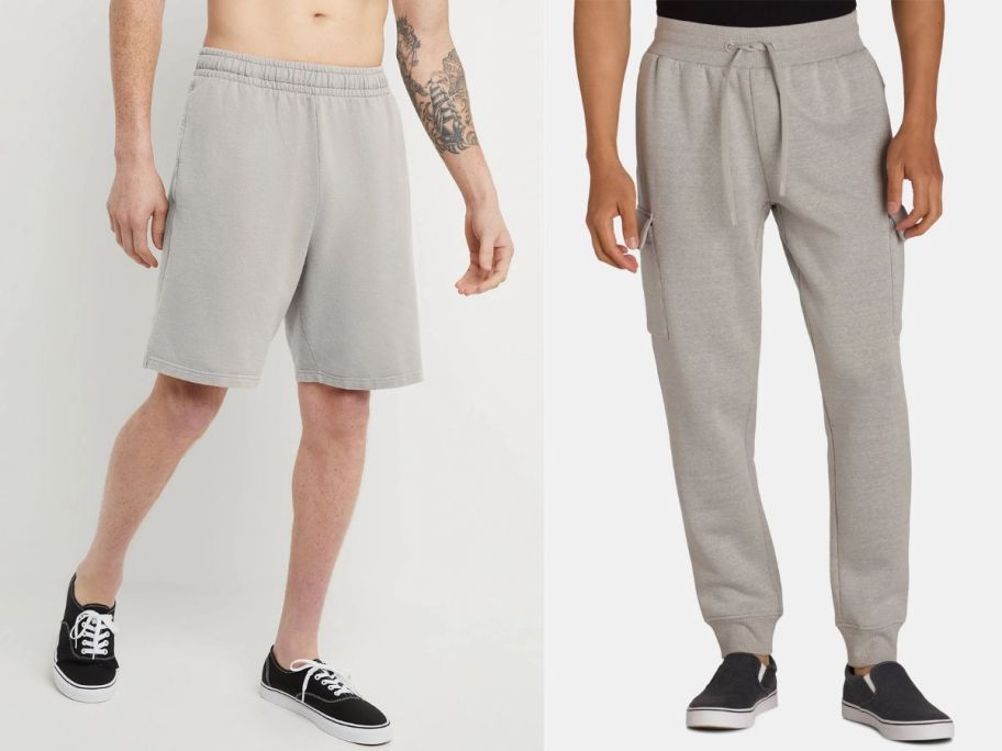 two men wearing shorts and joggers