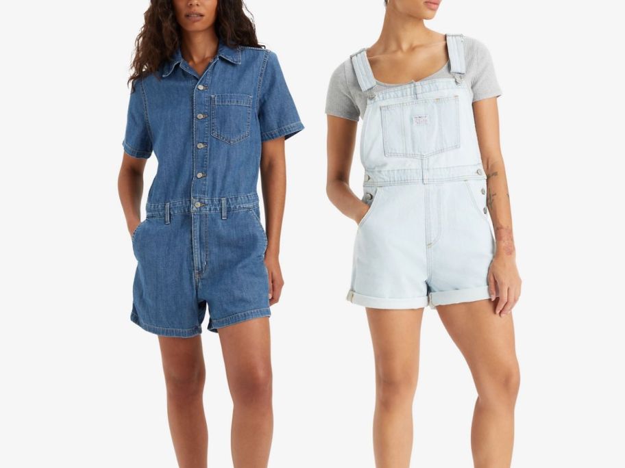 a model in a denim romper and one wear denim shortalls