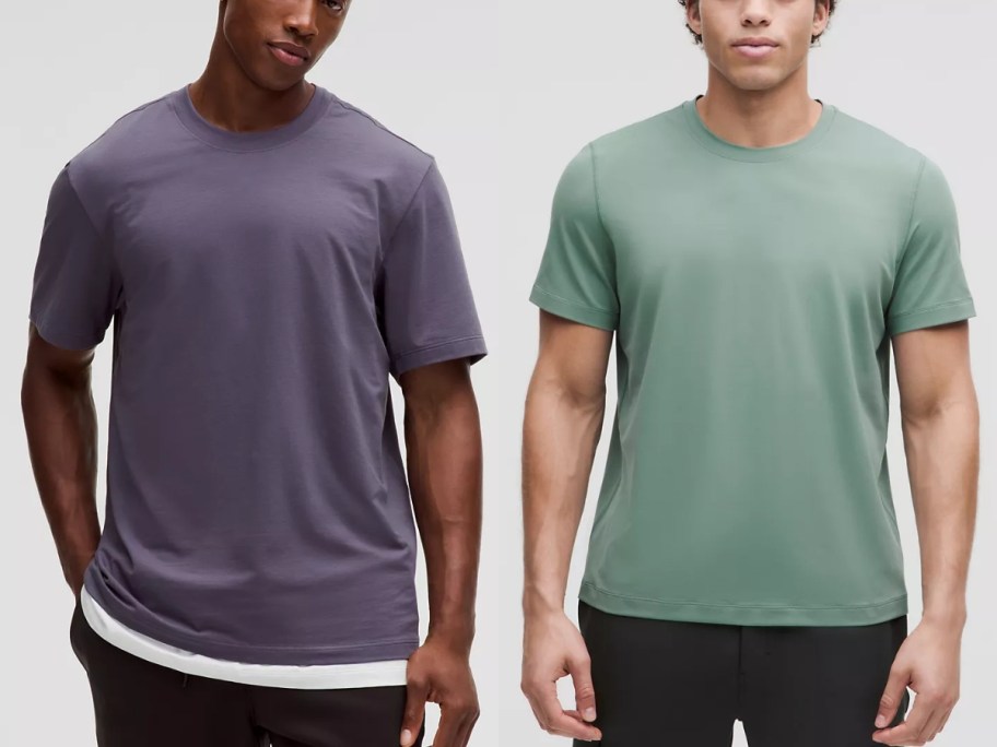 man wearing a bluish purple tshirt and man wearing a green tshirt