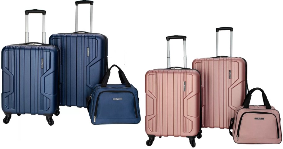 two 3=piece luggage sets, both have 2 spinner luggage pieces and a cosmetic travel bag, one set is blue, the other is pink